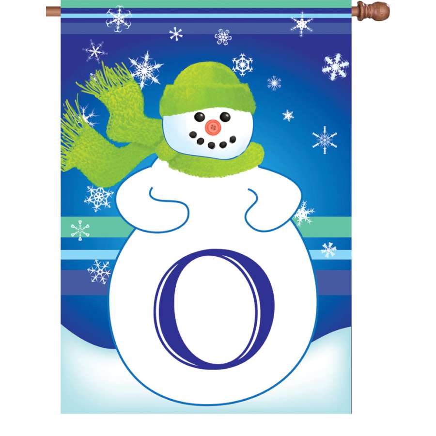 28-inch Winter Monogram Flag featuring an elegant monogram O on a colorful winter-themed background, displayed on a house flag pole.