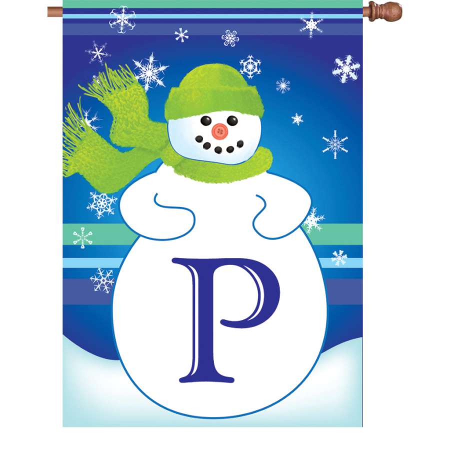 28 in. Winter Monogram Flag featuring an elegant letter P displayed prominently on an outdoor flagpole amidst a winter landscape.