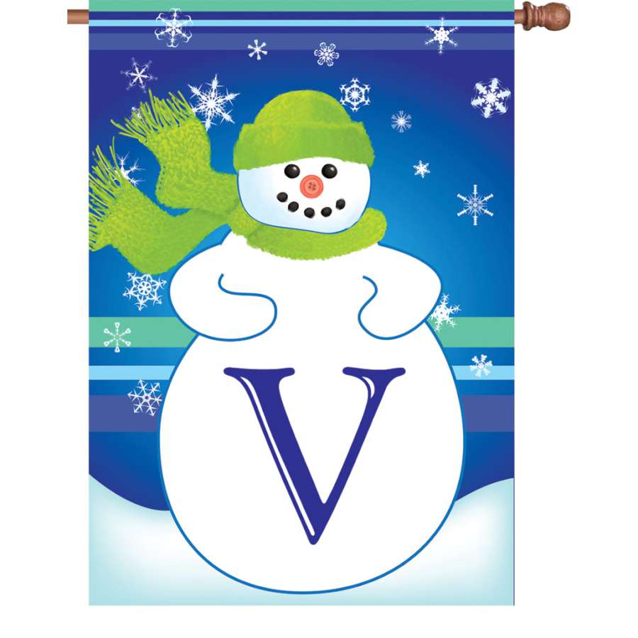 28 in. Winter Monogram Flag featuring the letter 'V' displayed outdoors against a winter backdrop, showcasing vibrant colors and elegant design.