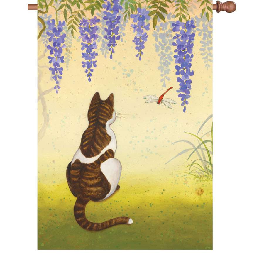 28 in. Wisteria Cat Flag featuring a charming design of a cat amidst blooming wisteria flowers, illuminating colors displayed outdoors.