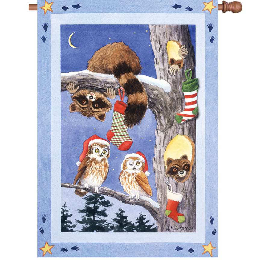 28 in. Woodland Stocking illuminated flag displayed outdoors, showcasing vibrant colors and winter holiday designs in a charming setting.