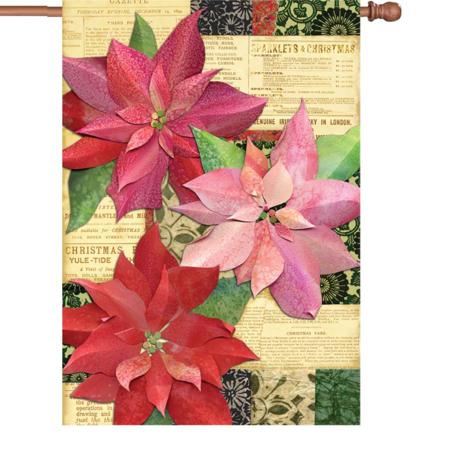 28 in. Yuletide Poinsettia illuminated flag displayed outside, showcasing vibrant red poinsettia designs against a soft winter backdrop.
