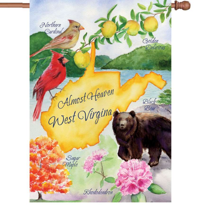 28-inch Almost Heaven illuminated flag designed with vibrant colors displayed on a flagpole in a garden setting.