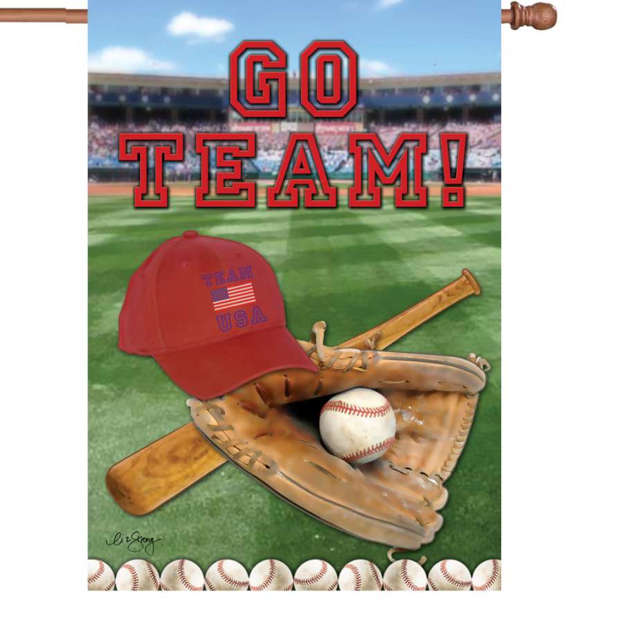 28-inch America's Pastime football flag reading 'GO TEAM!' displayed on an outdoor flagpole, vibrant colors make it eye-catching.