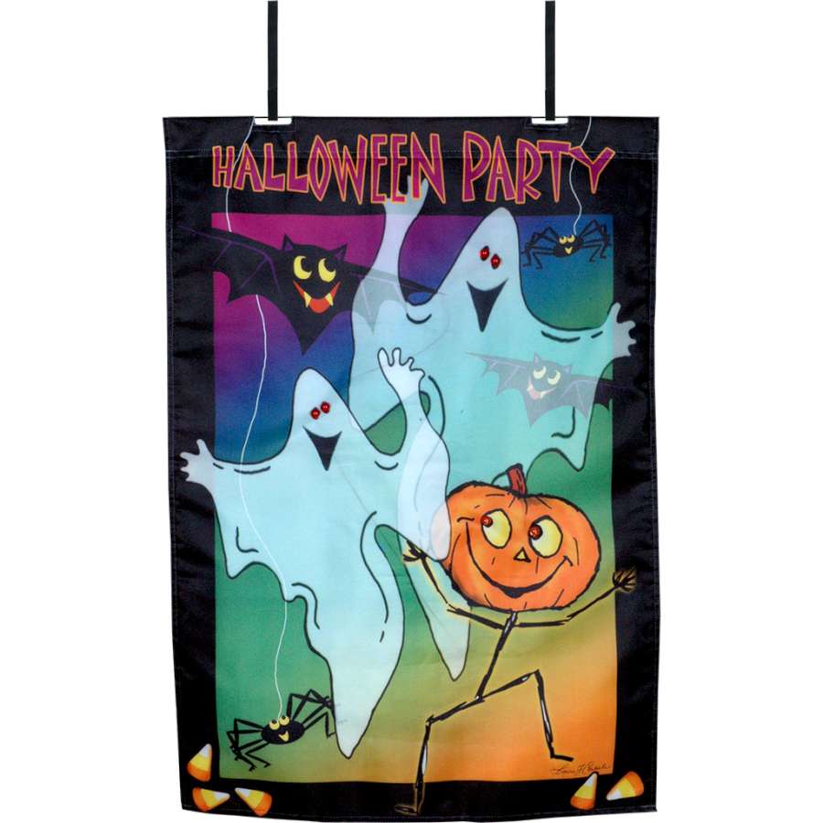 28-inch Hall Party Flag is a voice-controlled decoration that features fun Halloween graphics and lights, perfect for outdoor display during the season.