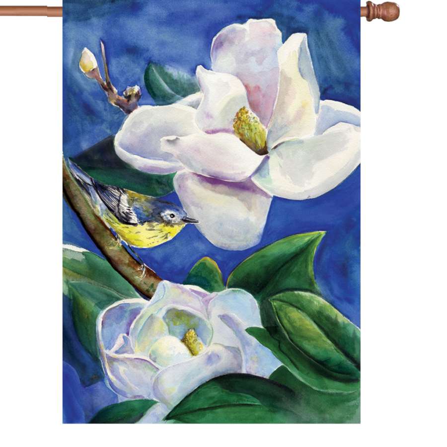 28-inch illuminated Magnolia Warbler flag featuring a bird perched among flowers displayed in a garden setting.