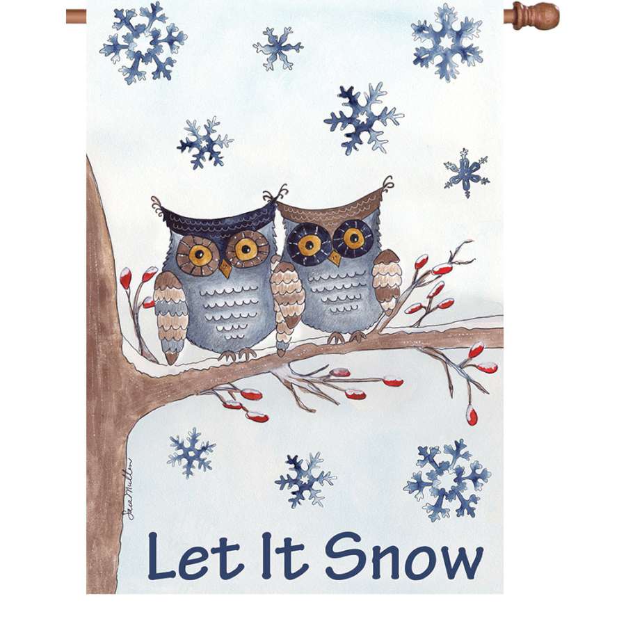 28 in. Owls in the Snow flag displaying adorable owls against a snowy background, mounted on a flagpole in an outdoor setting.