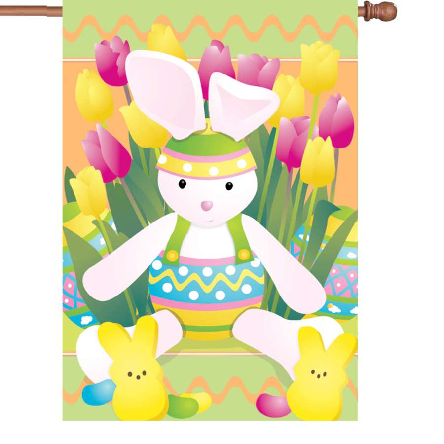 28-inch Springtime Bunny flag designed with colorful flowers and a cheerful bunny displayed on a garden pole in a sunny outdoor setting.