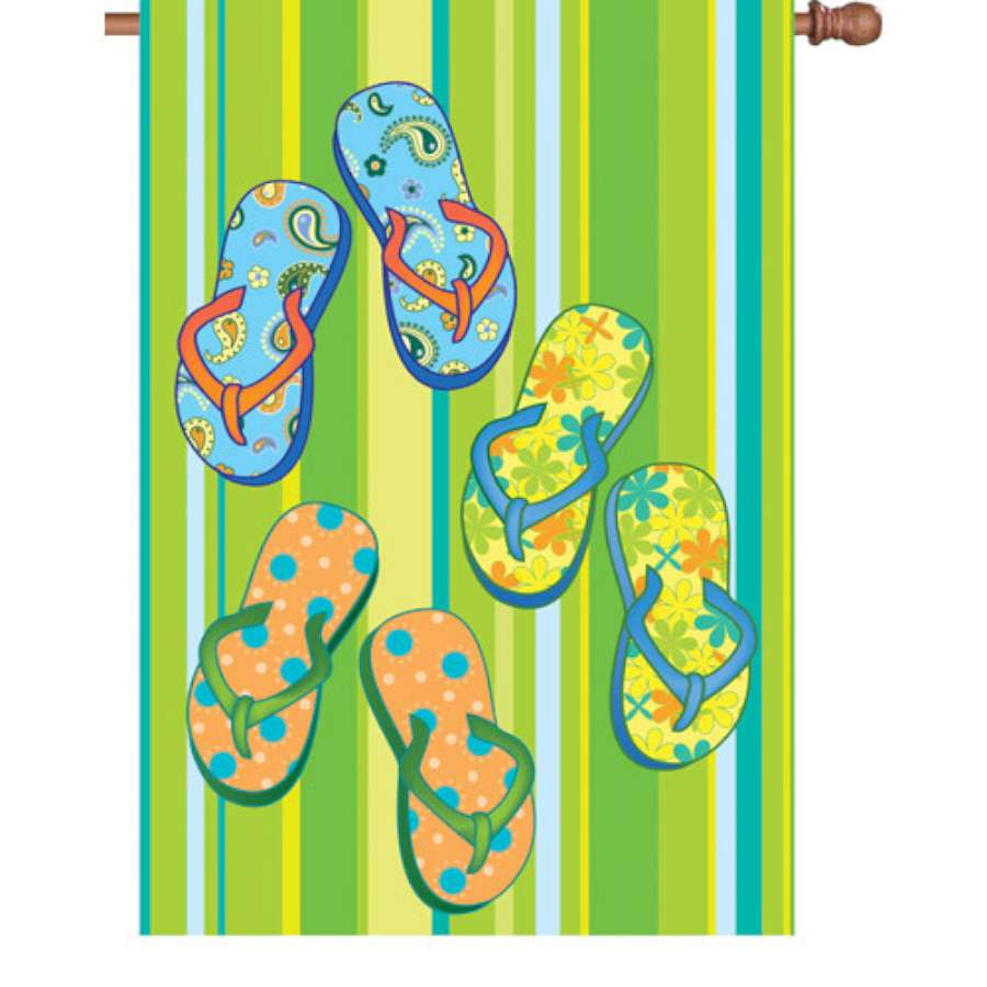 28-inch Summer Flip Flops flag displaying colorful flip-flops on a sunny background, ideal for outdoor summer decor.