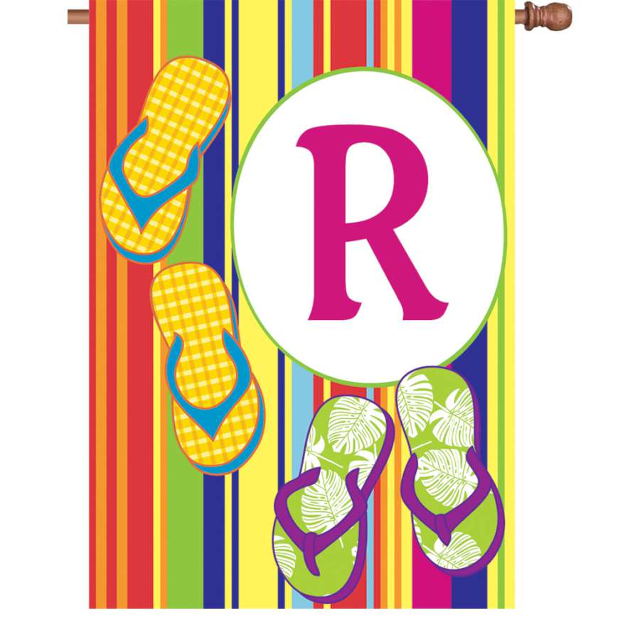 28-inch Summer Monogram Flag - R displaying a bold letter 'R' against a cheerful summer-themed background, elegantly flapping in the breeze.
