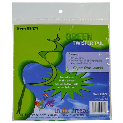29-inch Green Twister Tail attached to a hot air balloon spinner, elegantly swirling in the breeze against a clear blue sky.