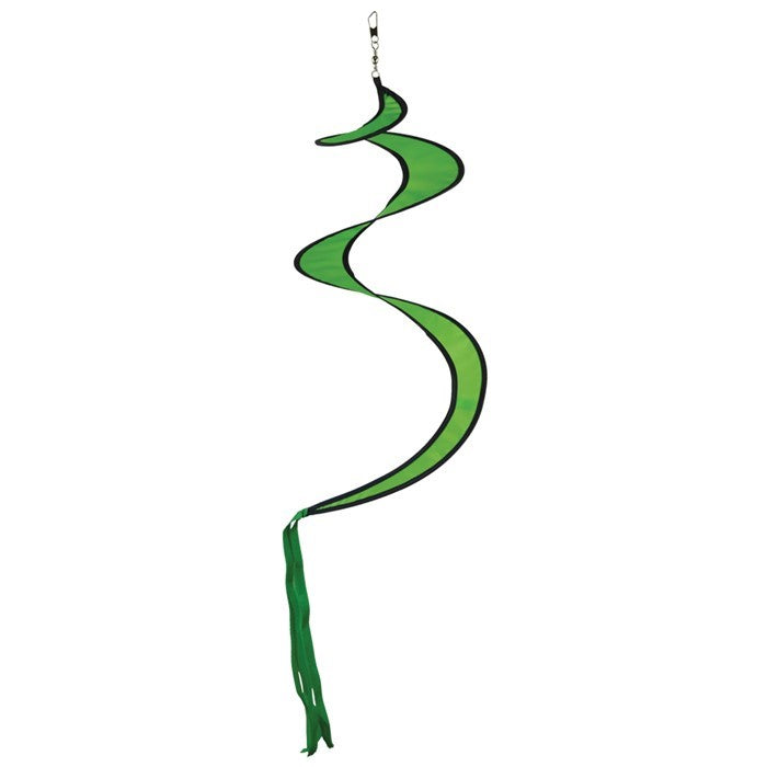 29-inch Green Twister Tail attached to a hot air balloon spinner, elegantly swirling in the breeze against a clear blue sky.