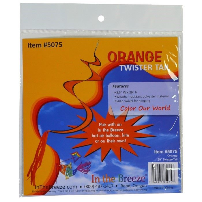 29-inch Orange Twister Tail displayed with a hot air balloon spinner, showcasing a vibrant, swirl design in an outdoor setting.