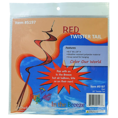 29-inch Red Twister Tail accessory for kites and hot air balloons, elegantly swirling in the outdoor breeze with bright colors.