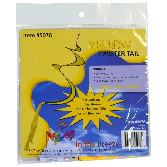 29" Yellow Twister Tail with vibrant color, fluttering in the wind, enhancing a hot air balloon spinner in a colorful garden setting.