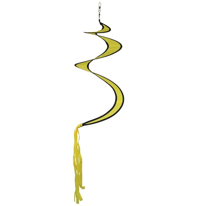 29" Yellow Twister Tail with vibrant color, fluttering in the wind, enhancing a hot air balloon spinner in a colorful garden setting.