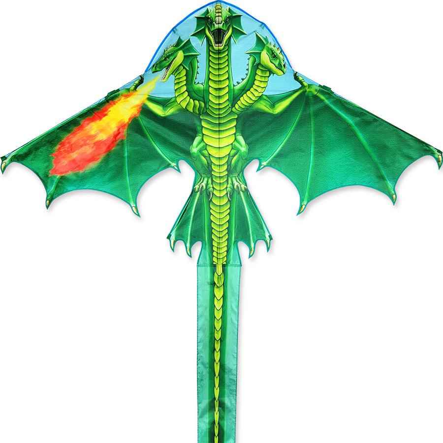 A colorful 2D Dragon Kite with a three-headed design soaring in the sky, measuring 52 x 155 inches against a blue backdrop.