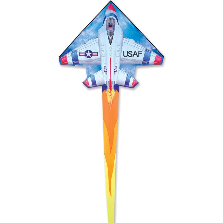 2D F-16 Thunderbird jet kite with red-white-blue livery, ripstop polyester sail, fiberglass frame, and 300 ft. of line. Includes fabric case with header.