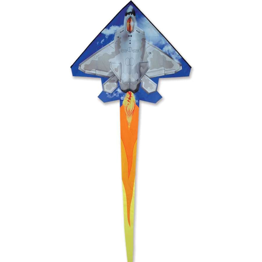 2D F-22 Raptor fighter kite with modern stealth jet graphics, ripstop fabric, fiberglass frame, and 300 ft. line. Comes in fabric case with color header.