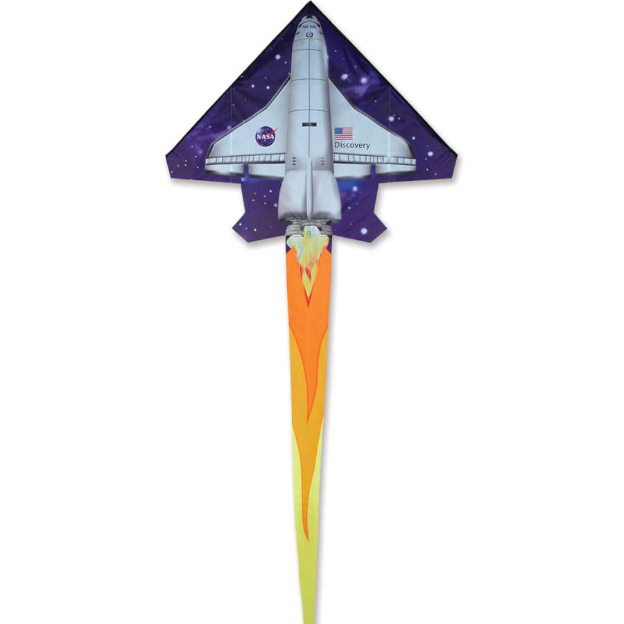 2D Jet Kite - Space Shuttle with realistic design flying in an open blue sky, showcasing its vibrant colors and long streamer tails.