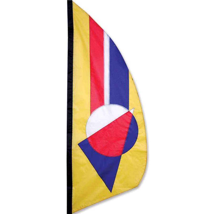 3.5 ft. Feather Banner - Classic Prizm made of ripstop nylon, showcasing a colorful stained-glass effect in sunlight, mounted outdoors.