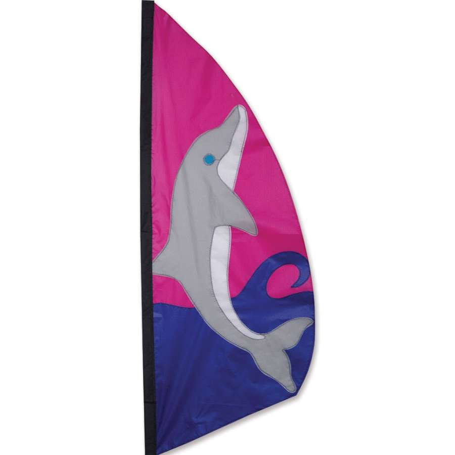 3.5 ft. Feather Banner featuring a colorful dolphin design, mounted in a backyard setting, waving gently in the breeze under sunlight.