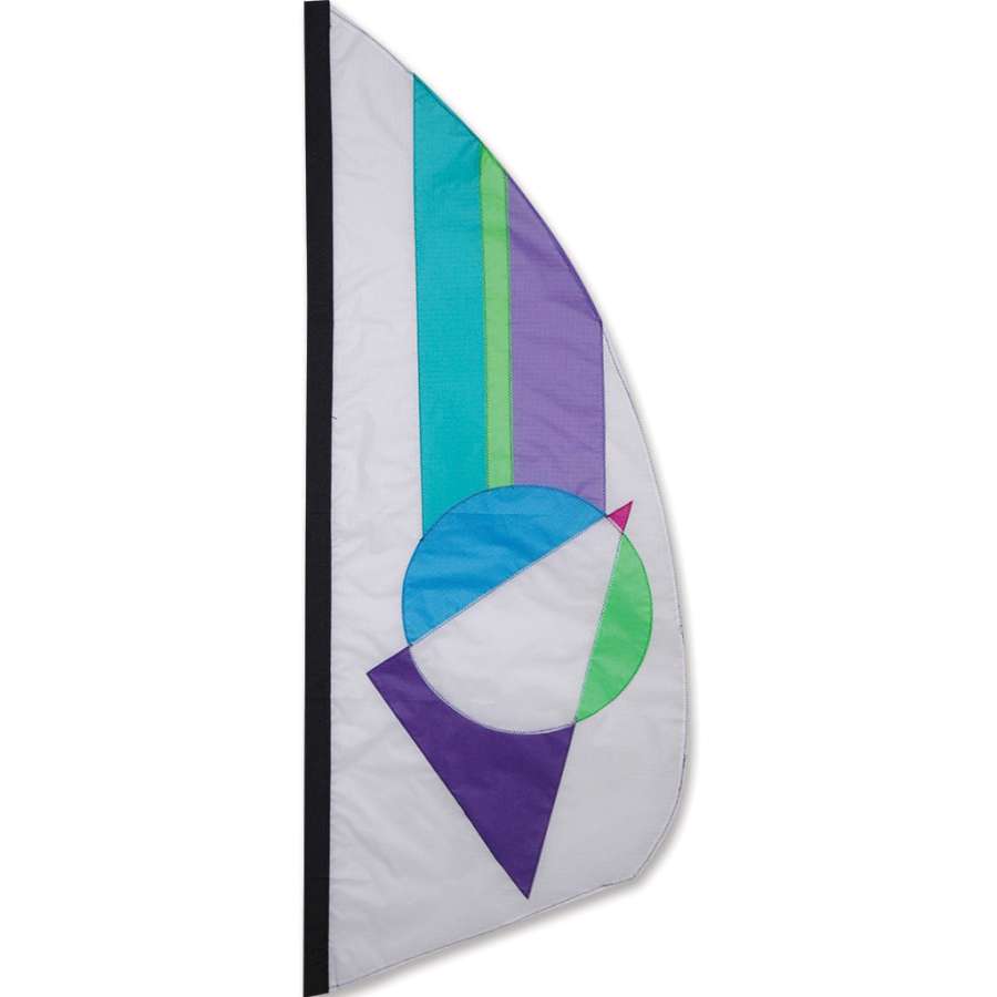 3.5 ft. Feather Banner in Pastel Prizm colors, made of ripstop nylon, fluttering gently in the sunlight on a garden stand.