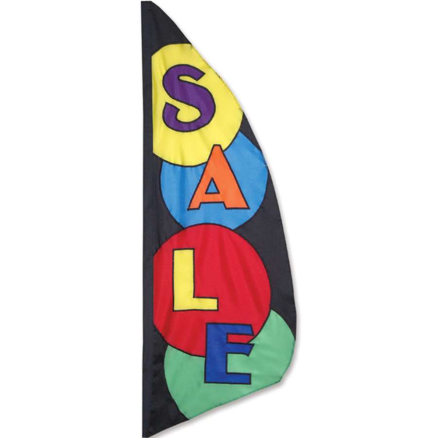 3.5 ft. Feather Banner with vibrant Sale Circle pattern displayed outdoors, fluttering in the wind, attracting customer attention to a promotional sale.