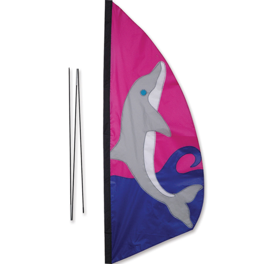 3.5 ft. recumbent bike feather banner with vibrant dolphin design, displayed on a bike pole, fluttering in the sunlight.