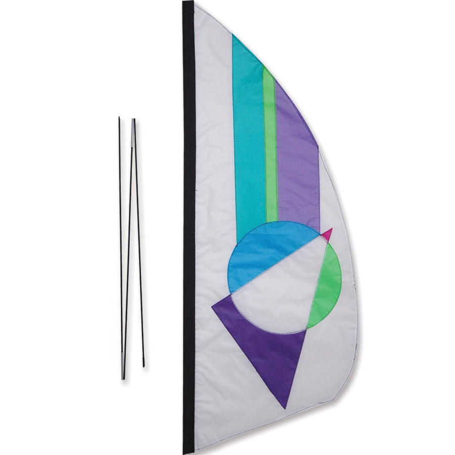 3.5 ft. Recumbent Bike Feather Banner in pastel prizm colors, mounted on a bike pole, showcasing a stunning stained-glass effect in sunlight.