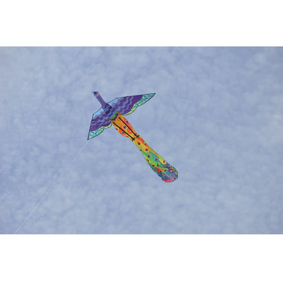 3-D Peacock Kite soaring in the sky, featuring a colorful peacock design, displayed against a clear blue background.