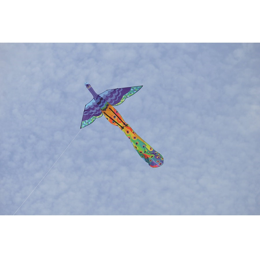 3-D Peacock Kite soaring in the sky, featuring a colorful peacock design, displayed against a clear blue background.