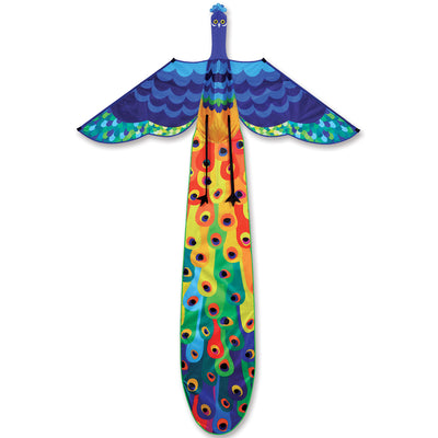 3-D Peacock Kite soaring in the sky, featuring a colorful peacock design, displayed against a clear blue background.