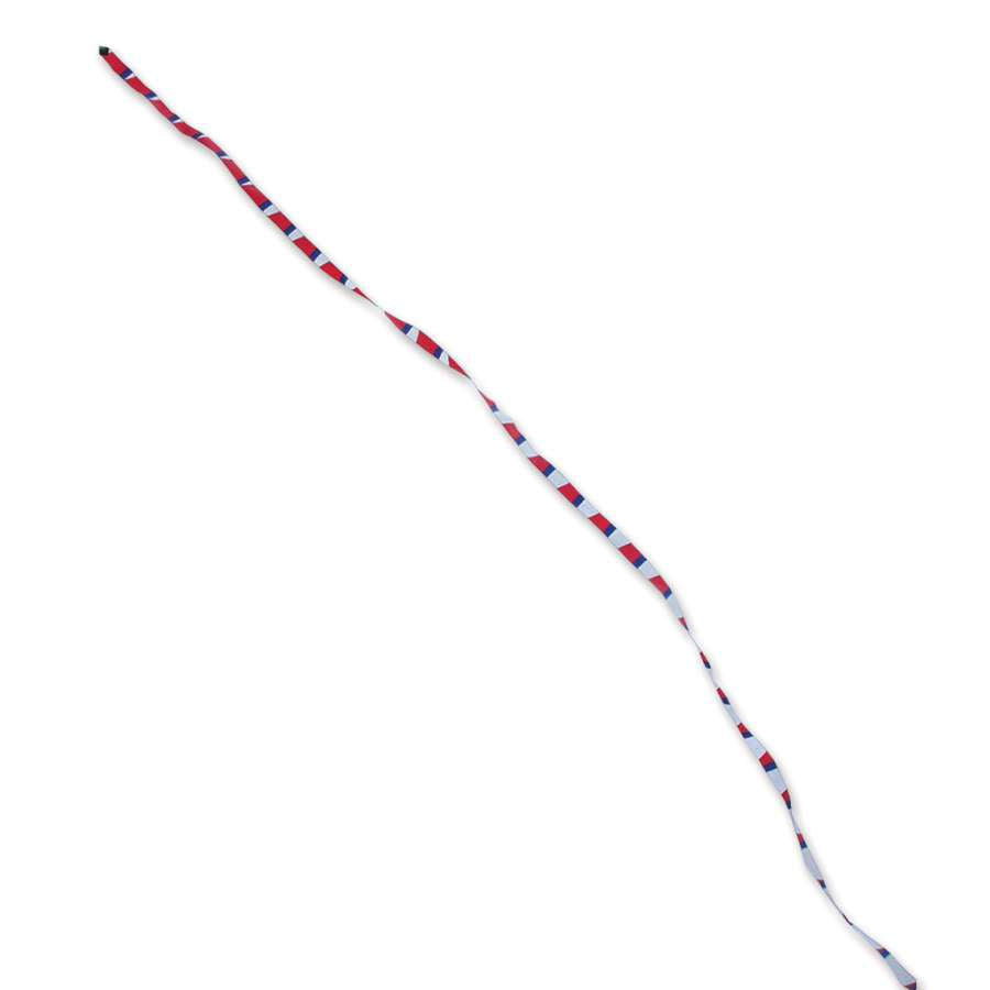 3 in. x 25 ft. Transition Tail with a vibrant patriotic design, elegantly displayed in the air alongside a soaring kite against a blue sky.