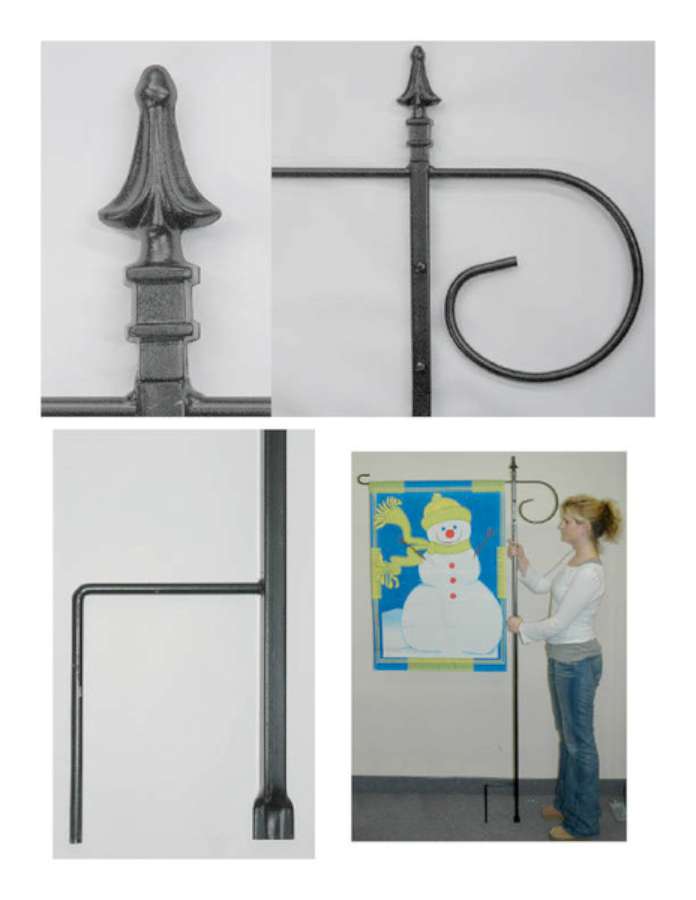 3 pc. Deluxe House Flag Stand made from sturdy channel steel and iron rod, featuring a black powder-coated finish displayed in a garden setting.