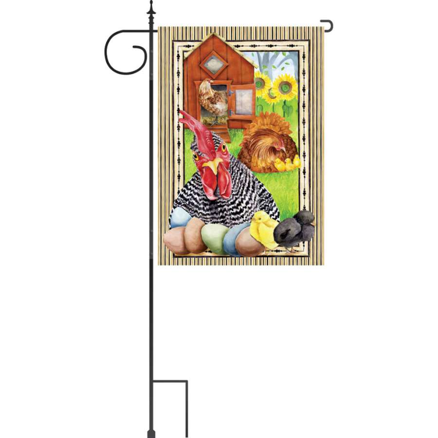 3 pc. Deluxe House Flag Stand made from sturdy channel steel and iron rod, featuring a black powder-coated finish displayed in a garden setting.