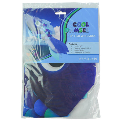 30-inch Cool Damsel Fish windsock in vibrant blue colors hanging outdoors, fluttering in the wind with colorful fins moving freely.
