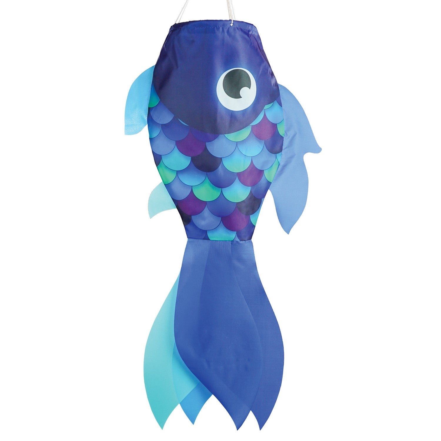 30-inch Cool Damsel Fish windsock in vibrant blue colors hanging outdoors, fluttering in the wind with colorful fins moving freely.