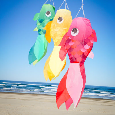 30" Damsel Fish 3-Pack colorful windsocks with unique designs, made from durable polyester for all-weather use, perfect for outdoor decoration.
