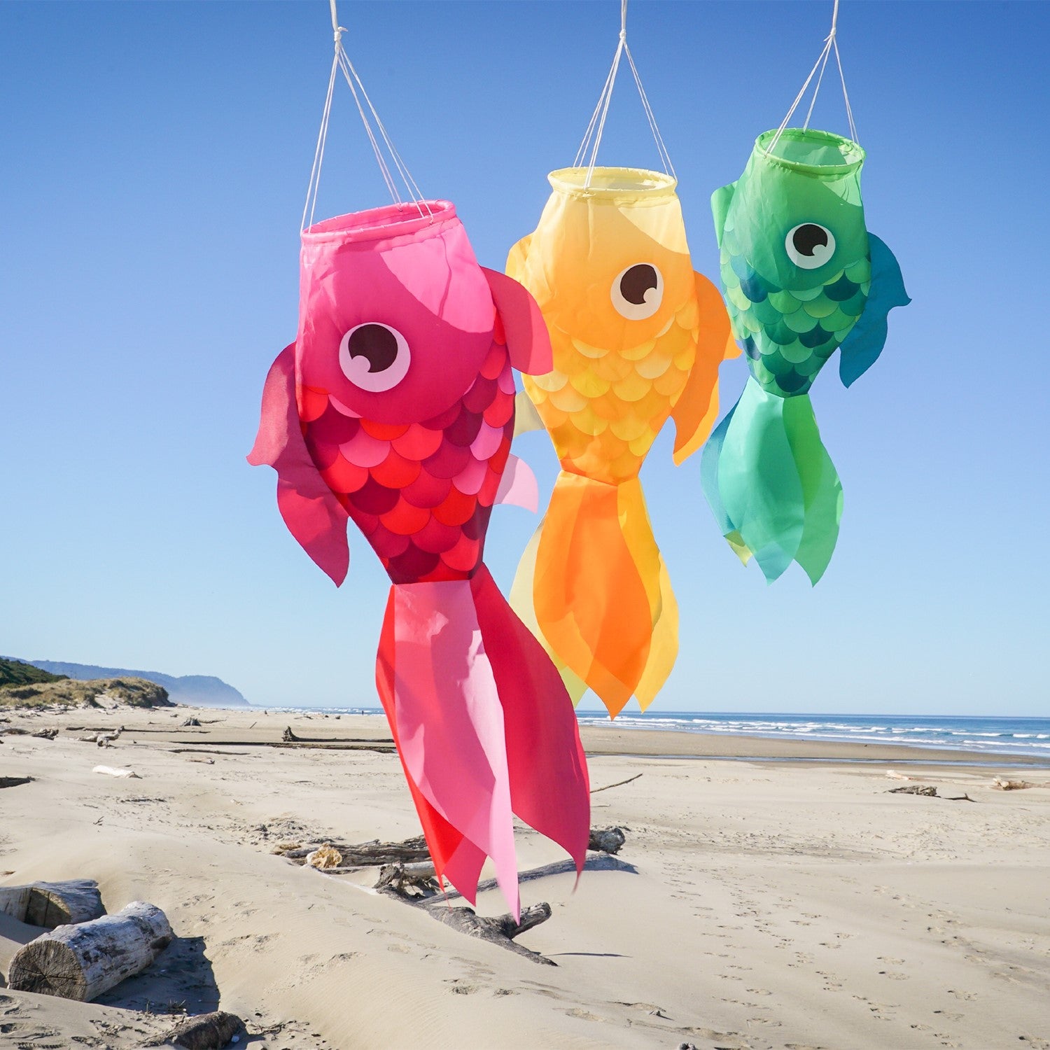 30" Damsel Fish 3-Pack colorful windsocks with unique designs, made from durable polyester for all-weather use, perfect for outdoor decoration.