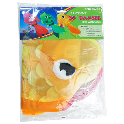 30" Damsel Fish 3-Pack colorful windsocks with unique designs, made from durable polyester for all-weather use, perfect for outdoor decoration.