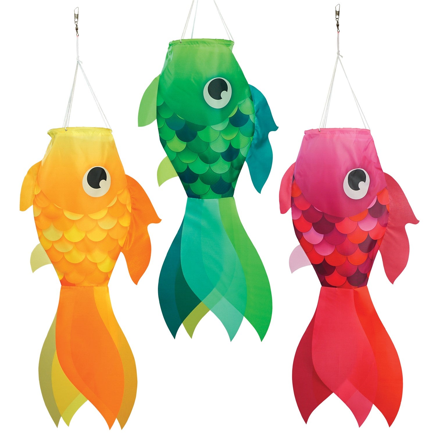 30" Damsel Fish 3-Pack colorful windsocks with unique designs, made from durable polyester for all-weather use, perfect for outdoor decoration.