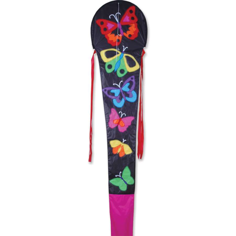 30 ft. Dragon Kite featuring rainbow butterflies soaring against a blue sky, showcasing vibrant colors and impressive size for outdoor fun.