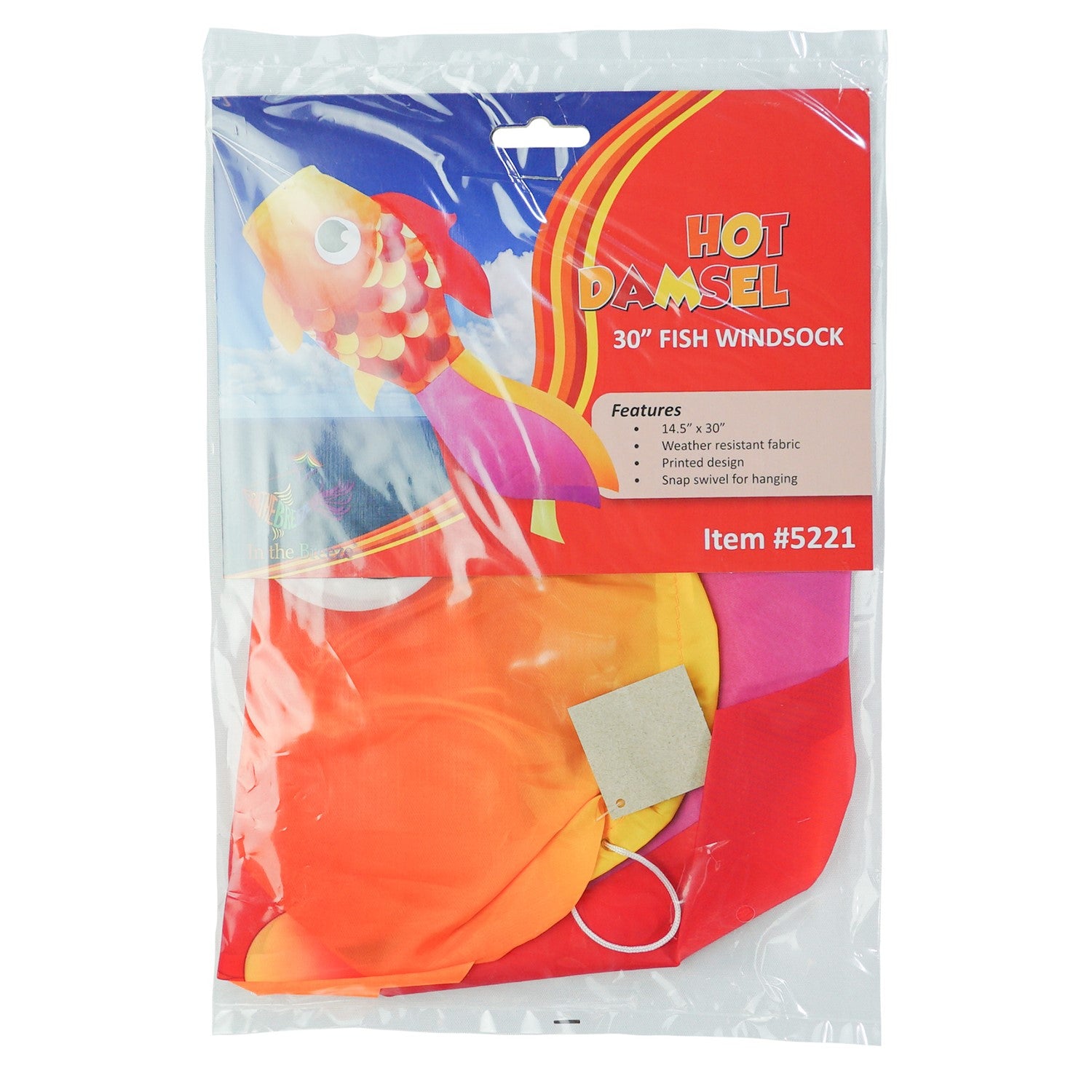 30" Hot Damsel Fish windsock in colorful design, swaying gracefully in the breeze against a sunny outdoor backdrop.