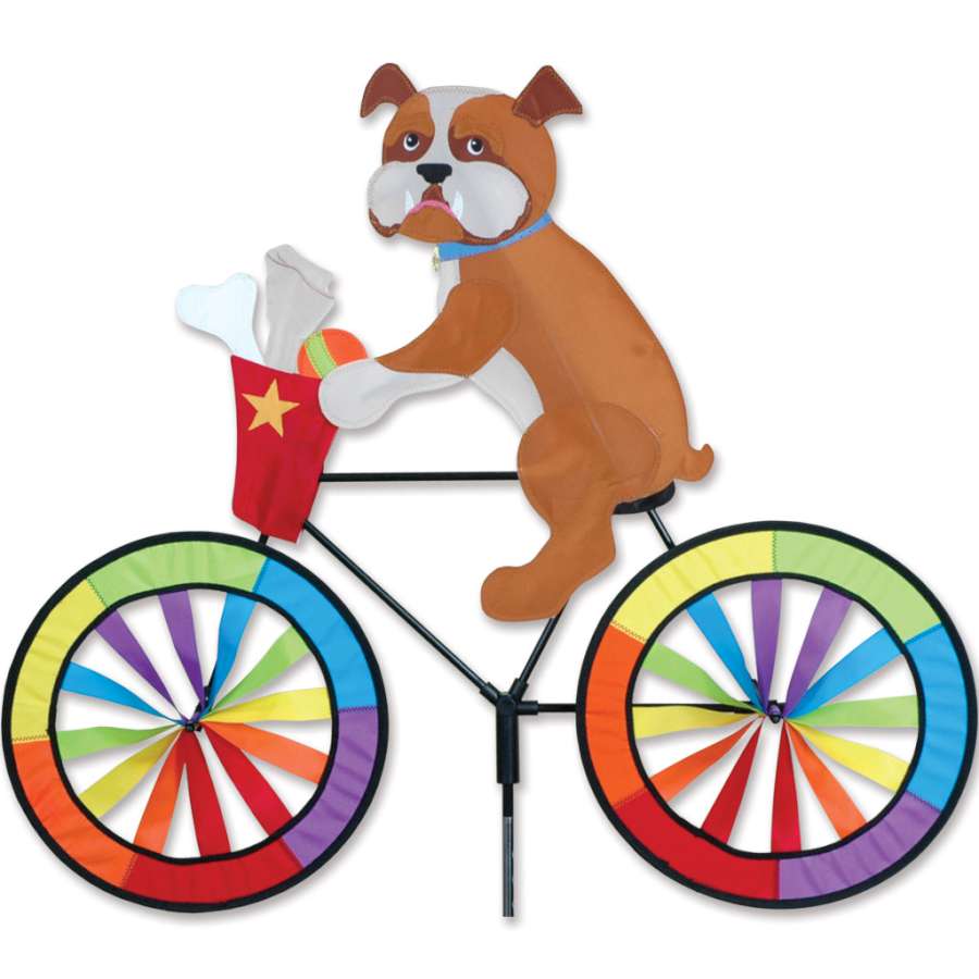 30 in. Bike Spinner with a bulldog design, displayed on a bicycle, showcasing colorful moving panels in an outdoor setting.