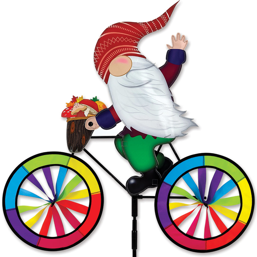 30 in. Bike Spinner - Forest Gnome featuring a whimsical gnome design with colorful six-panel fabric in a garden setting.