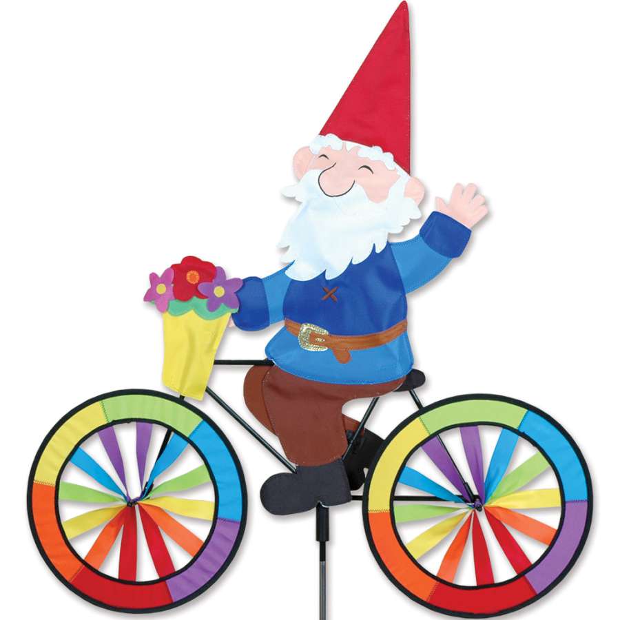 Vibrant 30-inch bike spinner featuring a whimsical gnome design, spinning beautifully in the wind against a garden backdrop.