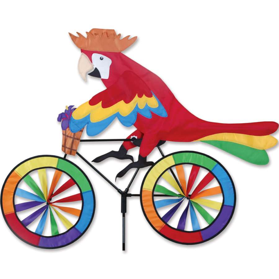 30 in. Bike Spinner - Parrot showcasing colorful parrot design spinning on a bicycle during a sunny day in an outdoor setting.