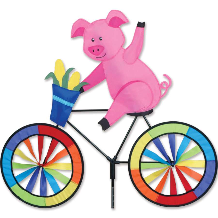 30 in. Bike Spinner featuring a playful pig design, showing a colorful six-panel fabric rim as it spins in the breeze attached to a bicycle.
