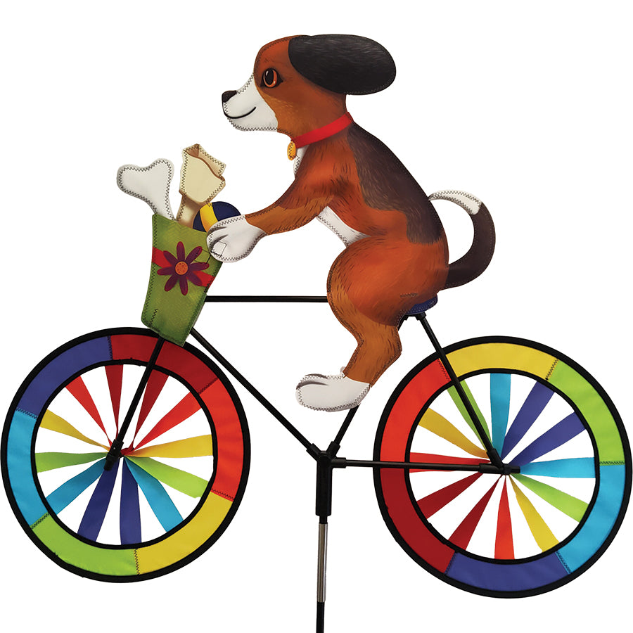30 in. Bike Spinner - Puppy attached to a bicycle, showcasing colorful puppy graphics with vibrant six-panel fabric design in an outdoor setting.